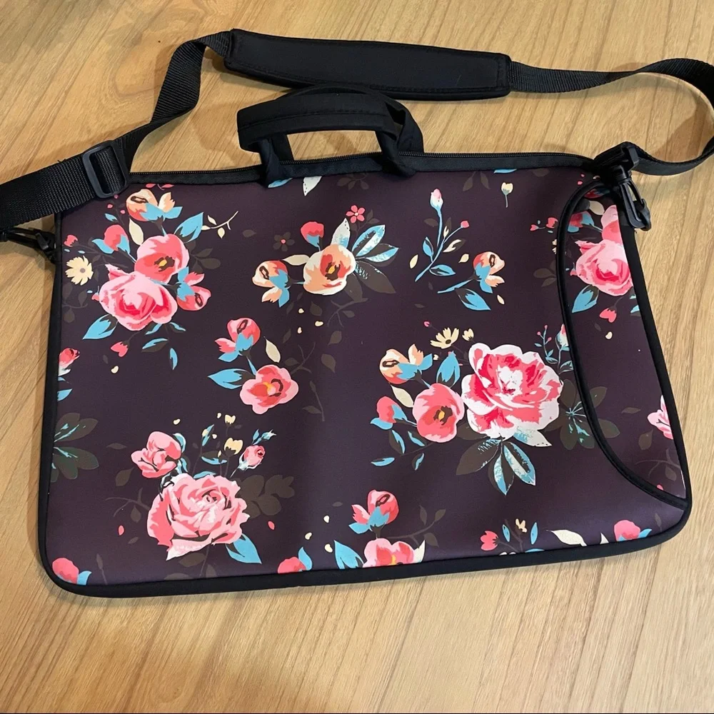 Floral laptop bag, laptop sleeve with handles and shoulder strap, women computer